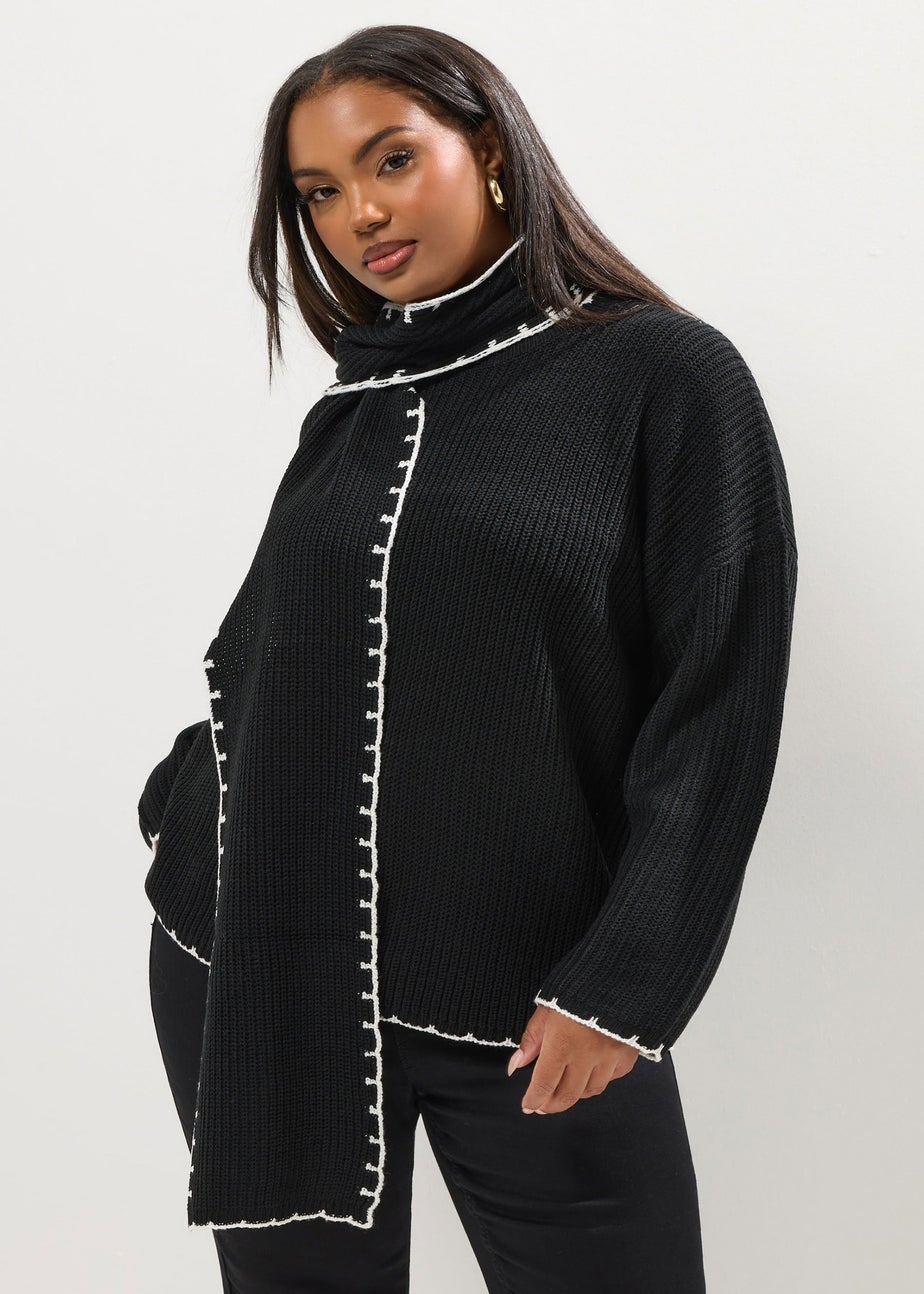 Yours Curve Black Blanket Stitch Scarf Detail Jumper