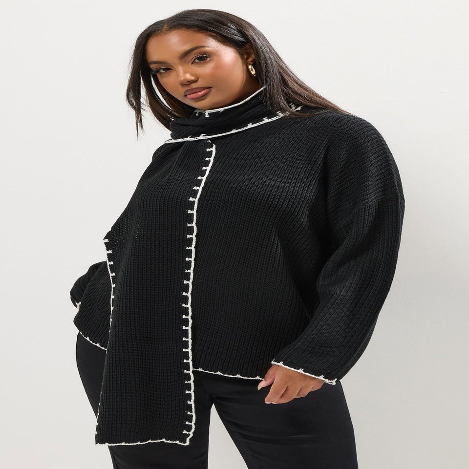 Yours Curve Black Blanket Stitch Scarf Detail Jumper