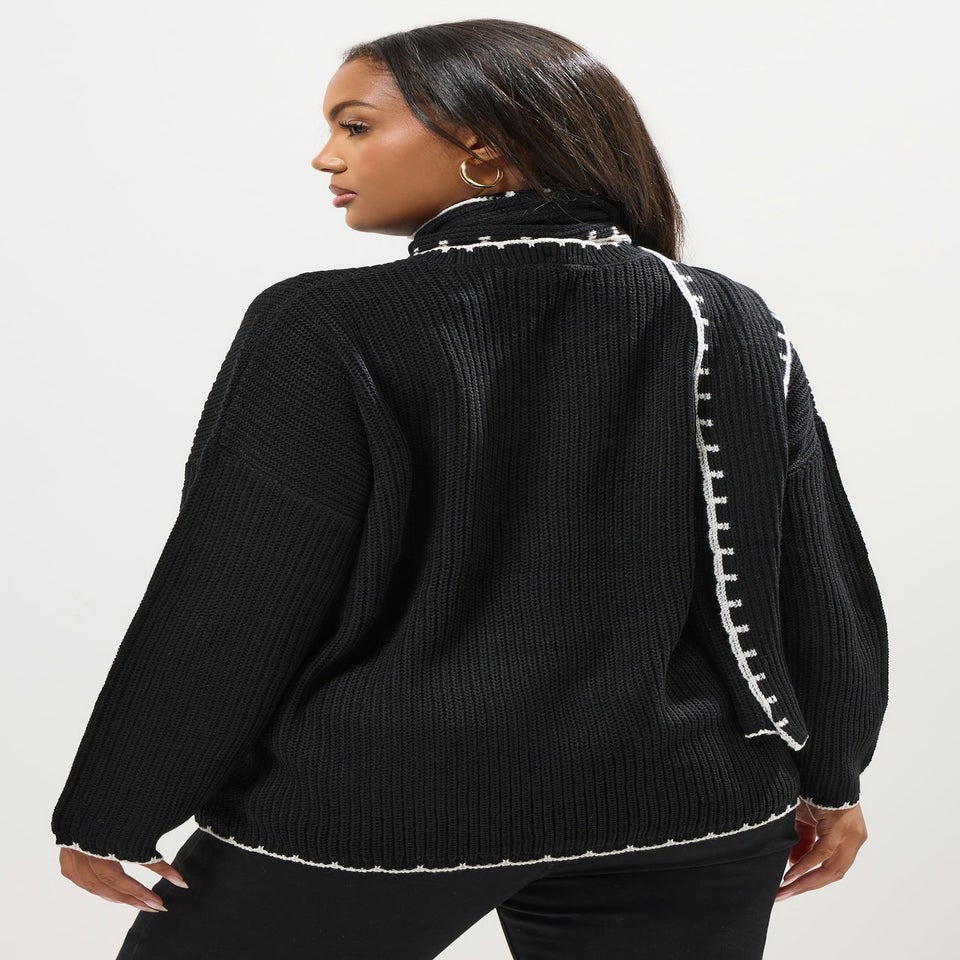 Yours Curve Black Blanket Stitch Scarf Detail Jumper