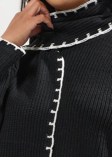 Yours Curve Black Blanket Stitch Scarf Detail Jumper