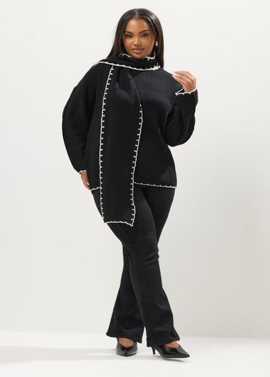 Yours Curve Black Blanket Stitch Scarf Detail Jumper
