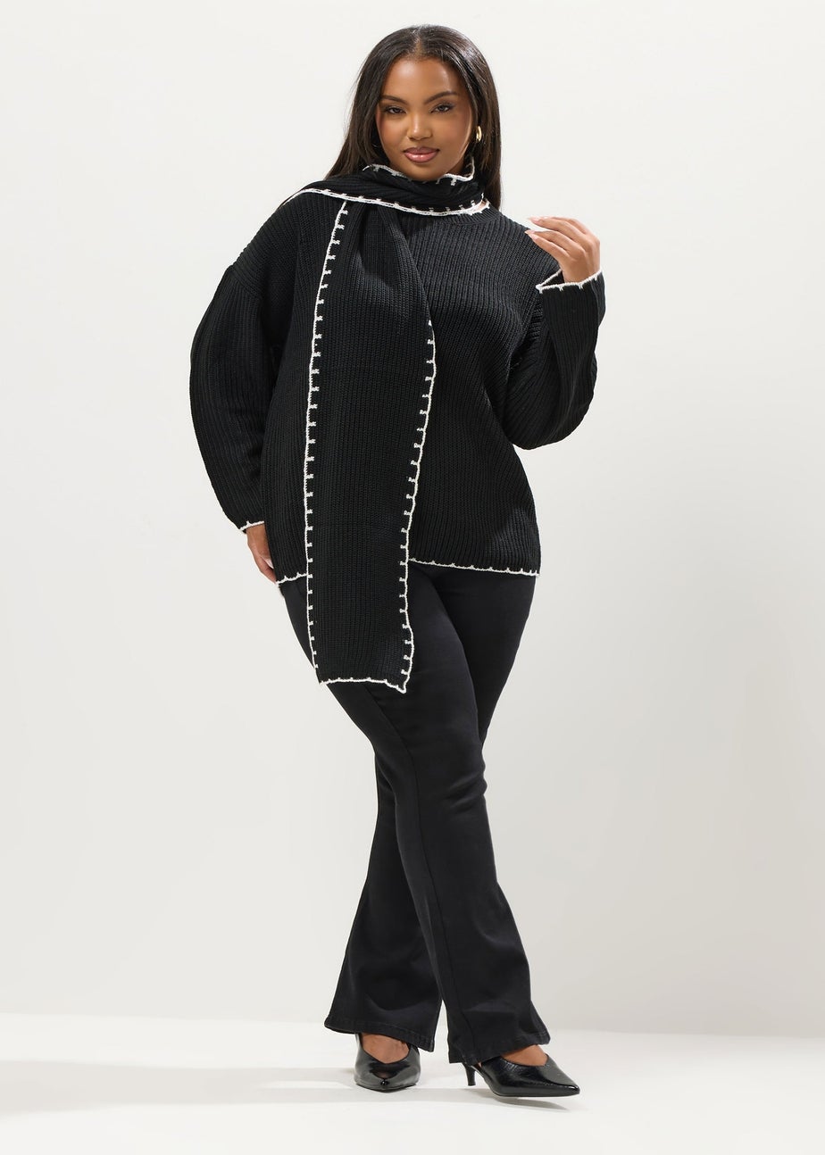Yours Curve Black Blanket Stitch Scarf Detail Jumper