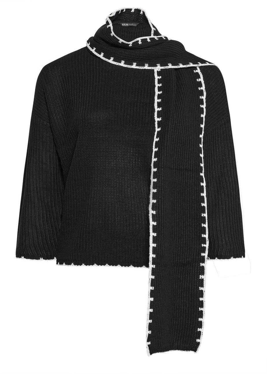 Yours Curve Black Blanket Stitch Scarf Detail Jumper
