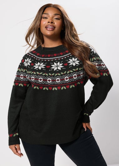 Yours Curve Black Fairisle Knitted Jumper