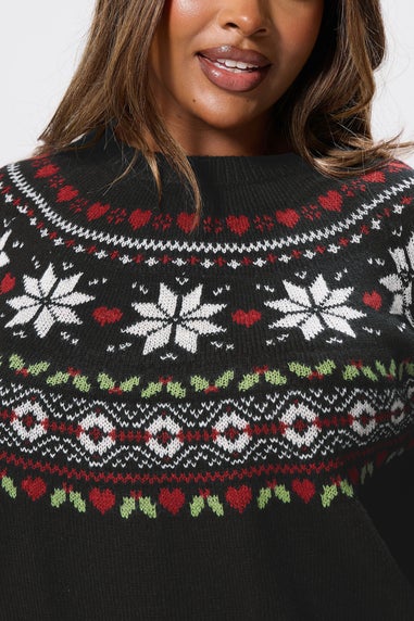 Yours Curve Black Fairisle Knitted Jumper
