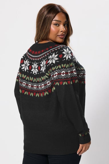 Yours Curve Black Fairisle Knitted Jumper
