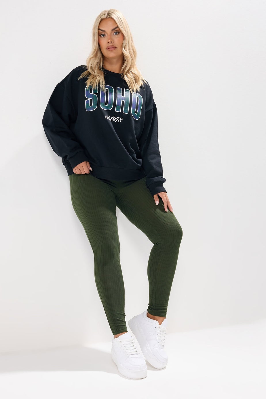 Yours Curve Khaki Green Ribbed Leggings