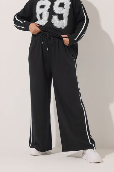 Yours Curve Black Wide Leg Side Stripe Joggers