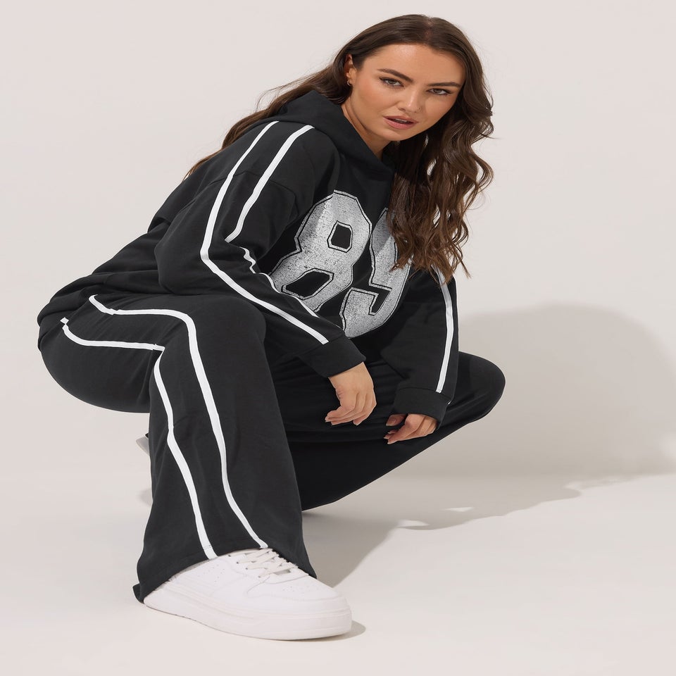 Yours Curve Black Wide Leg Side Stripe Joggers