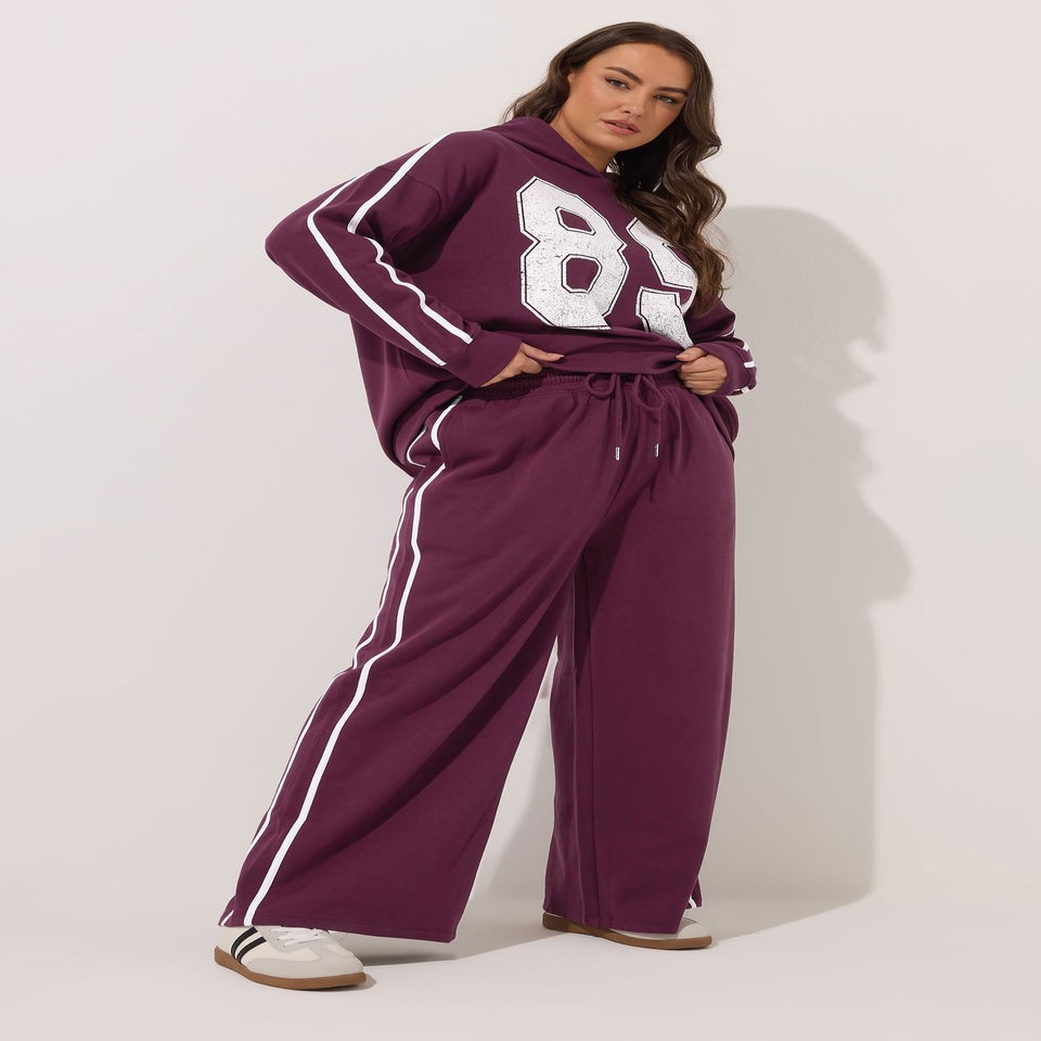 Yours Curve Burgundy Red Side Stripe Wide Leg Joggers