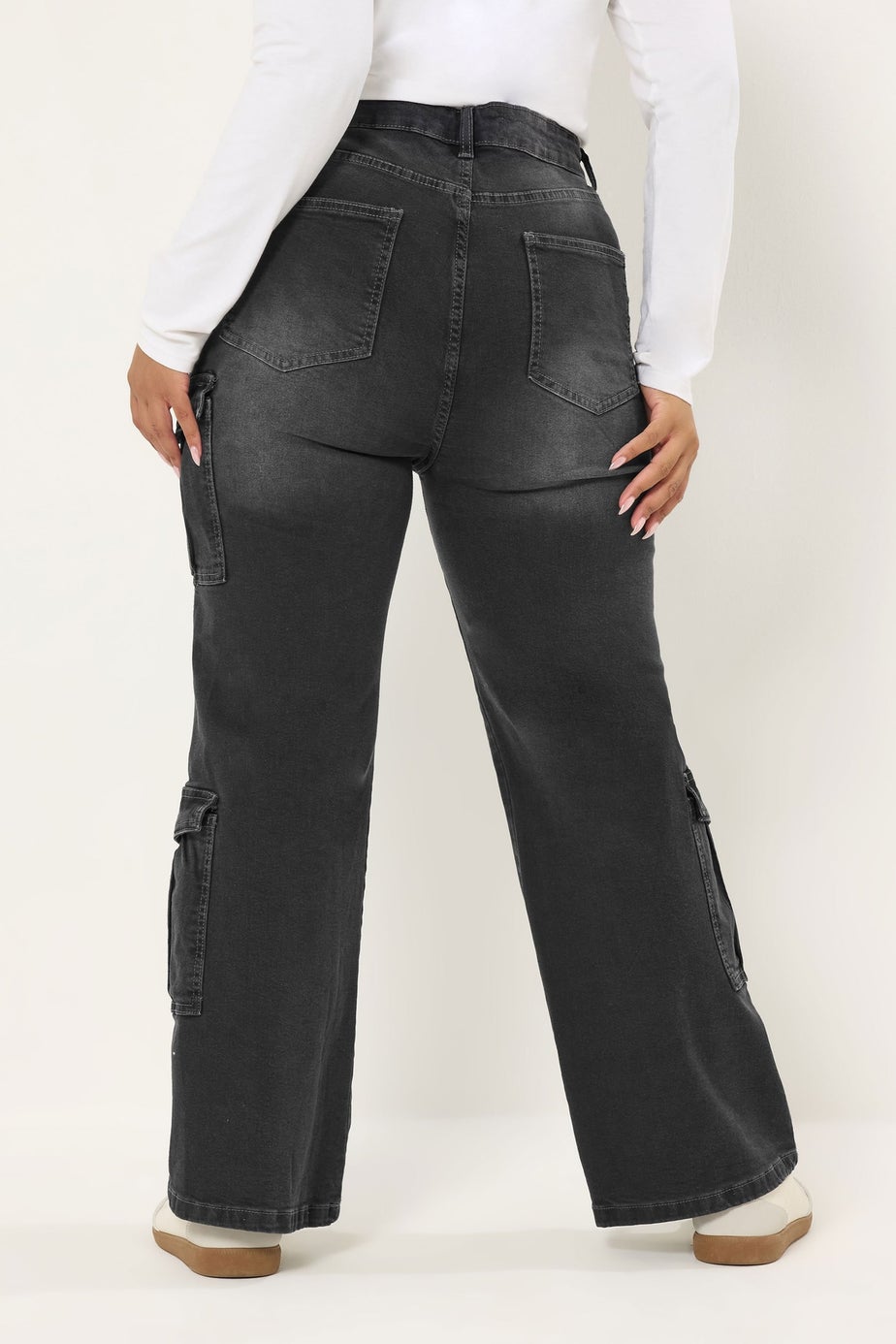 Yours Curve Black Washed Effect Cargo Jeans