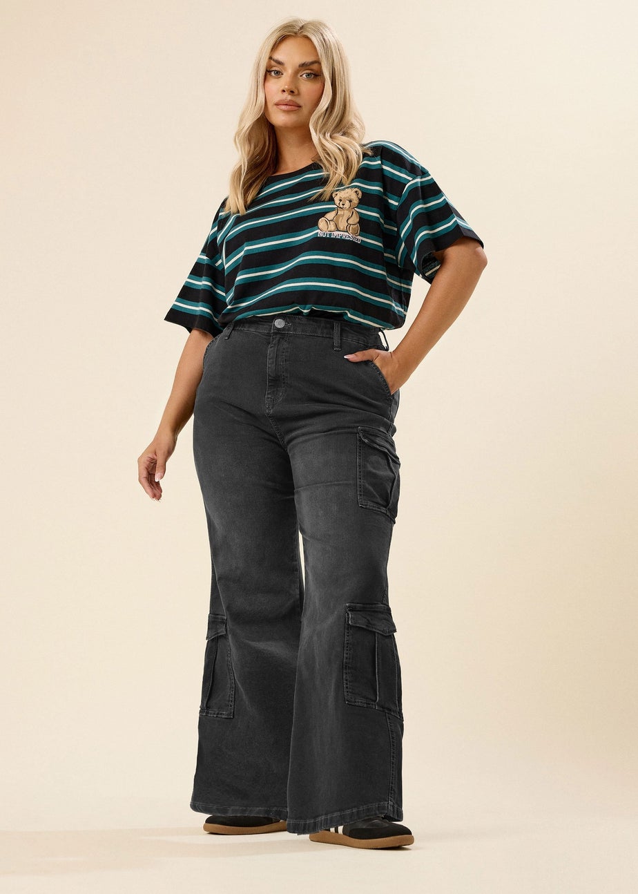 Yours Curve Black Washed Effect Cargo Jeans