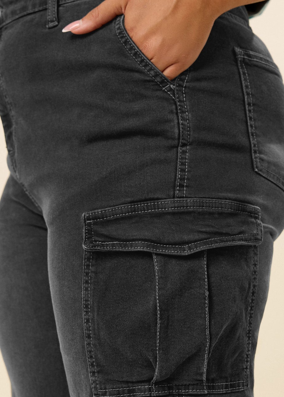 Yours Curve Black Washed Effect Cargo Jeans