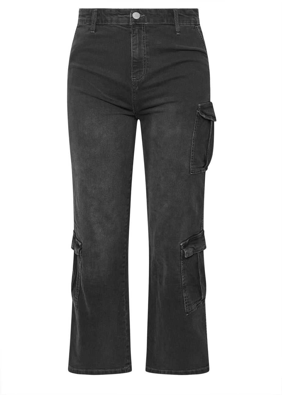Yours Curve Black Washed Effect Cargo Jeans