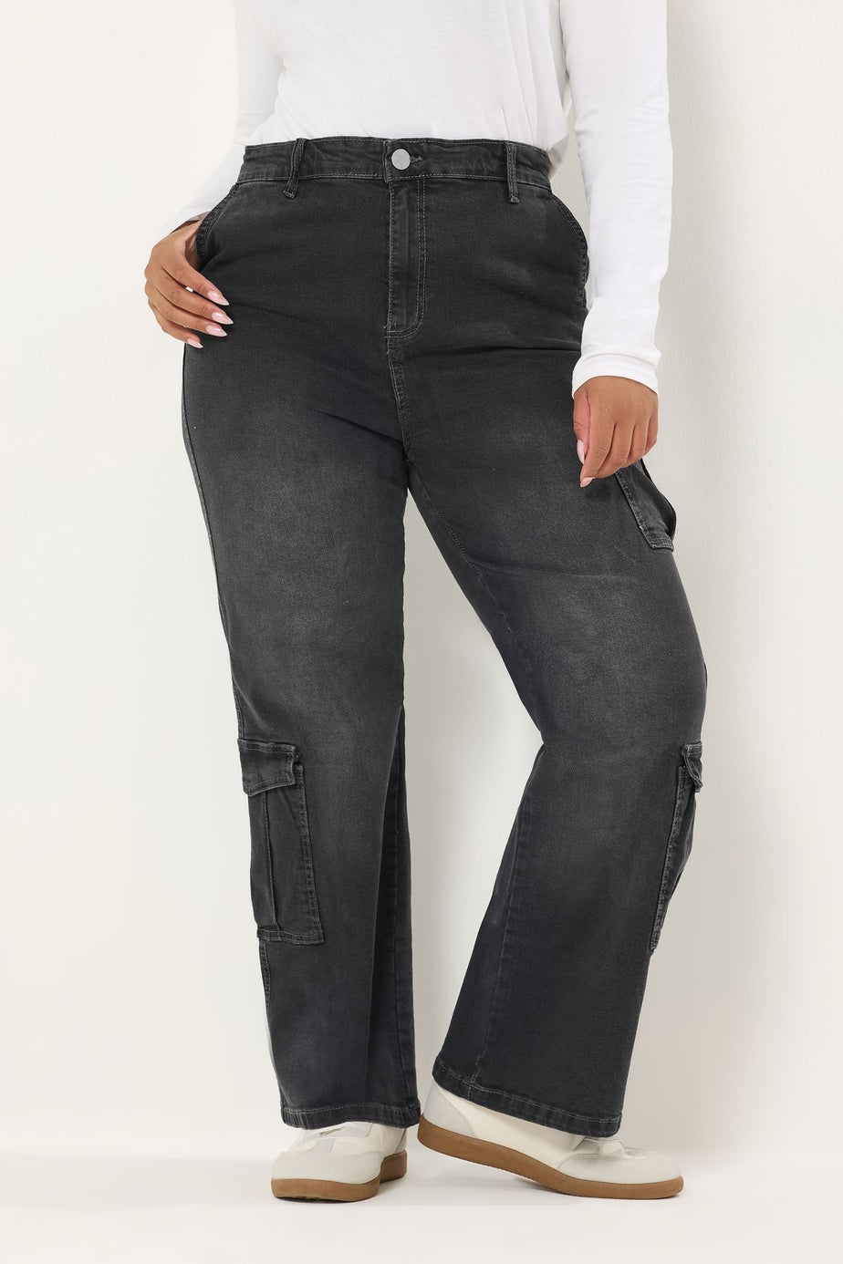 Yours Curve Black Washed Effect Cargo Jeans