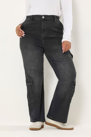 Yours Curve Black Washed Effect Cargo Jeans