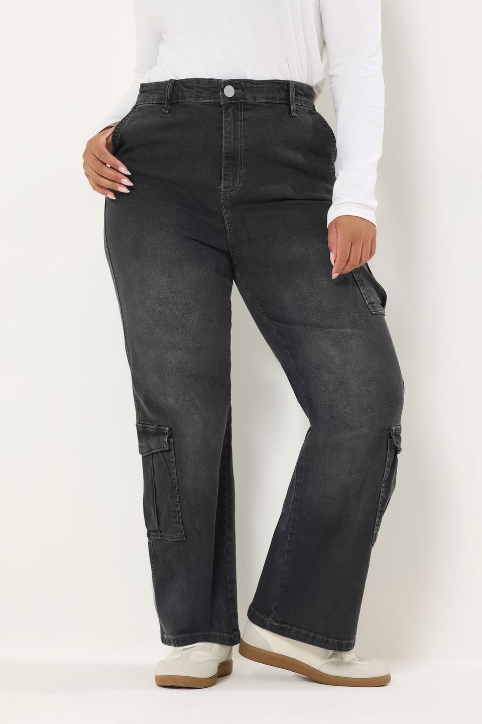 Yours Curve Black Washed Effect Cargo Jeans