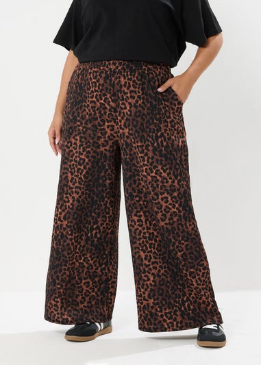 Yours Curve Brown Leopard Print Crinkle Wide Leg Trousers