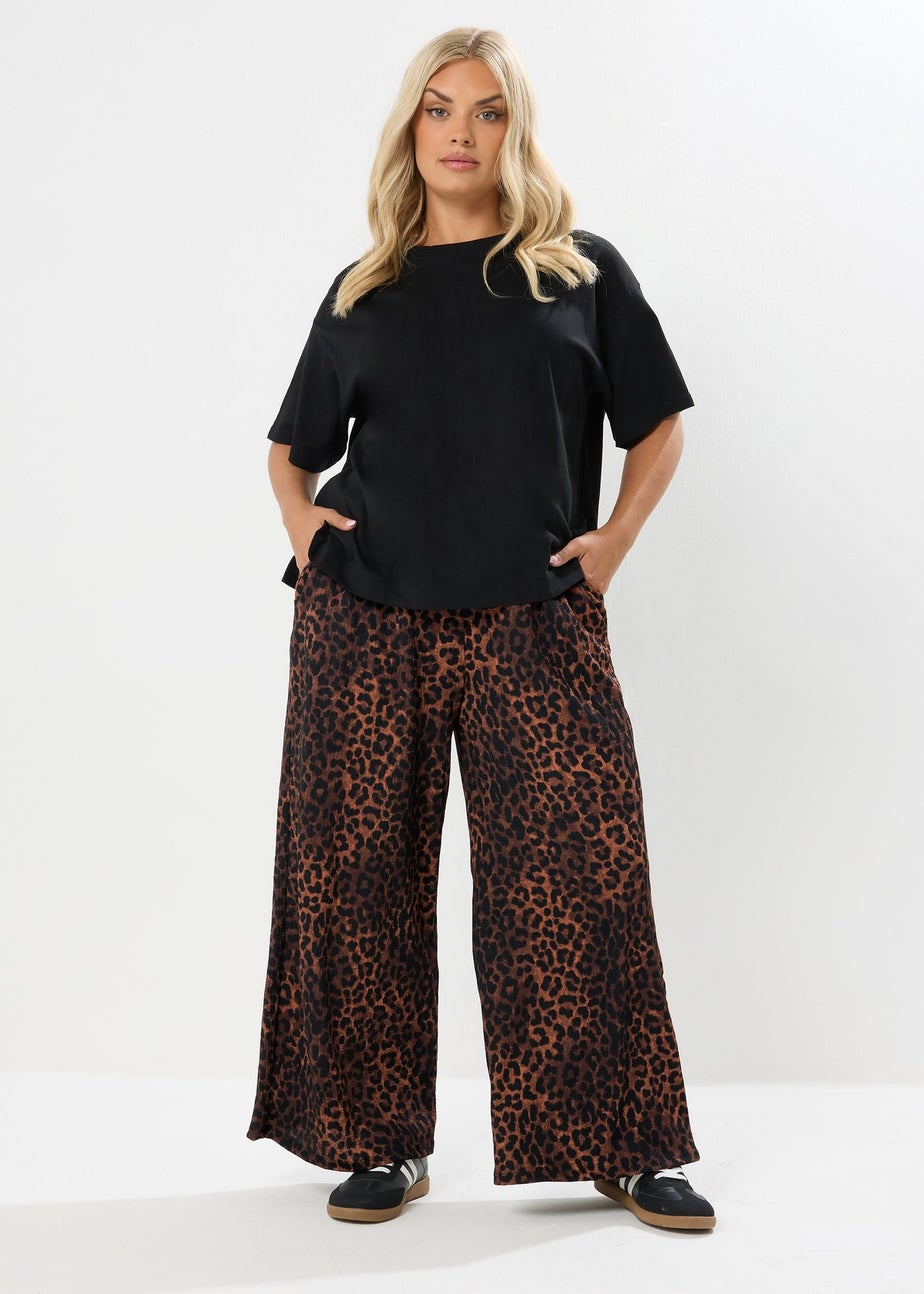 Yours Curve Brown Leopard Print Crinkle Wide Leg Trousers