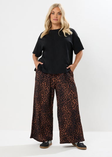 Yours Curve Brown Leopard Print Crinkle Wide Leg Trousers
