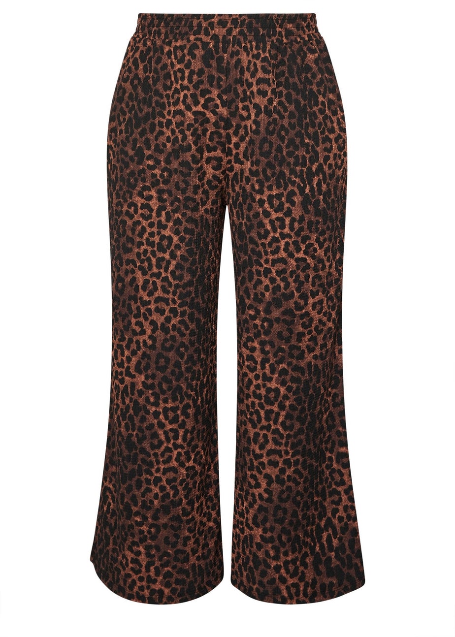 Yours Curve Brown Leopard Print Crinkle Wide Leg Trousers