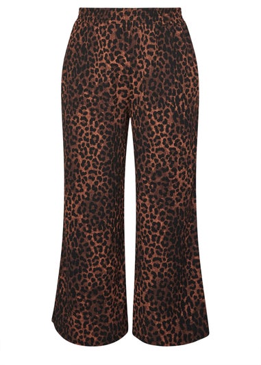 Yours Curve Brown Leopard Print Crinkle Wide Leg Trousers