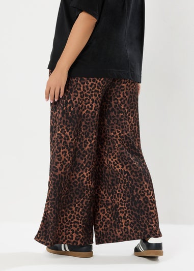 Yours Curve Brown Leopard Print Crinkle Wide Leg Trousers