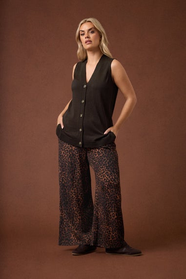 Yours Curve Brown Leopard Print Crinkle Wide Leg Trousers