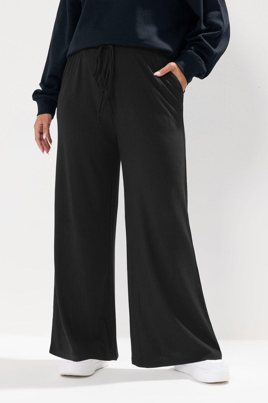 Yours Curve Black Ribbed Wide Leg Trousers