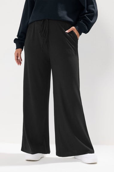 Yours Curve Black Ribbed Wide Leg Trousers