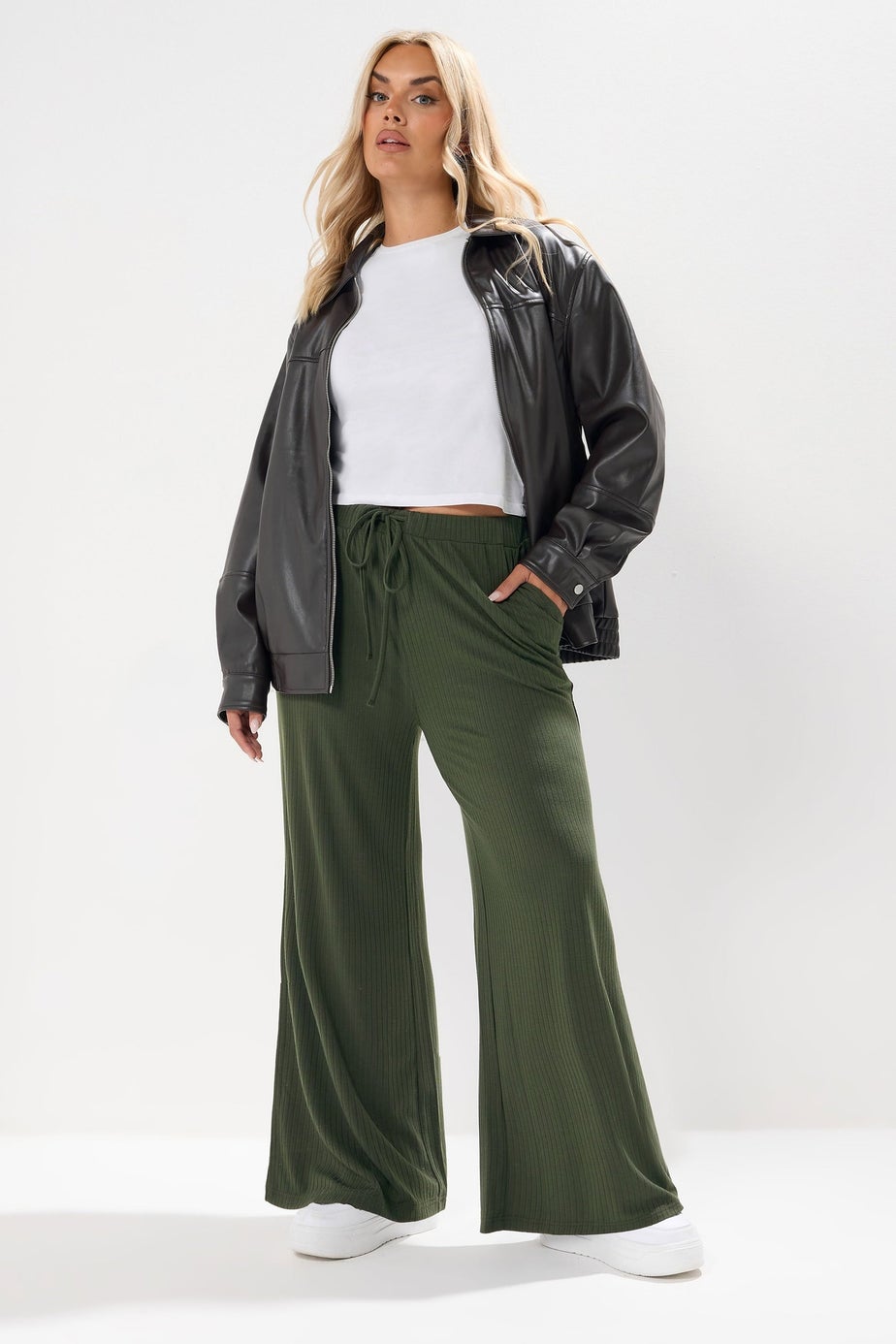 Yours Curve Forest Green Ribbed Wide Leg Trousers