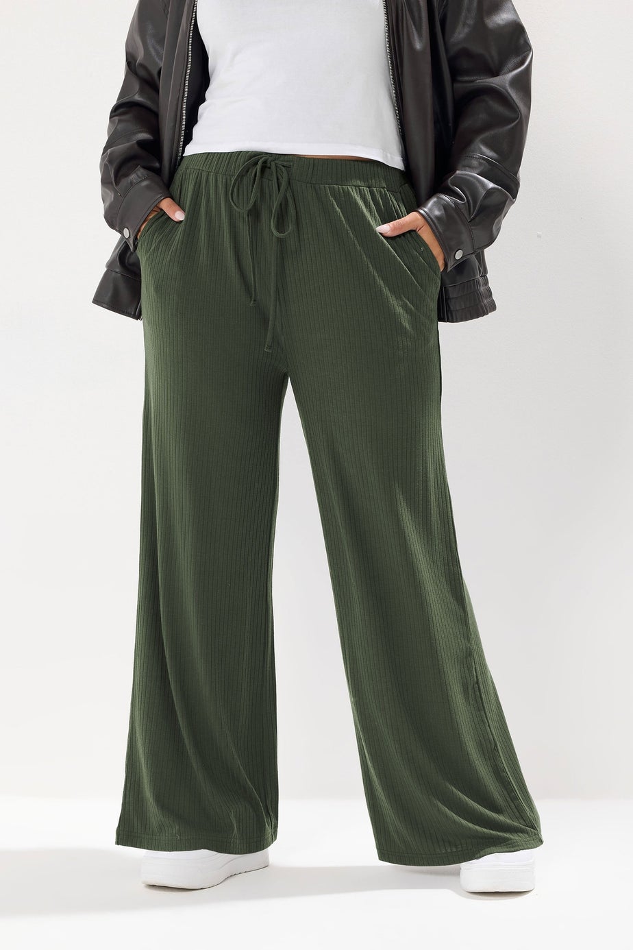 Yours Curve Forest Green Ribbed Wide Leg Trousers