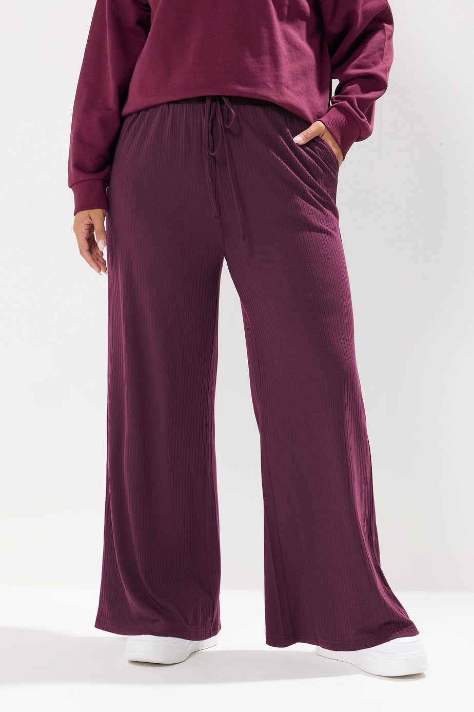 Yours Curve Burgundy Red Ribbed Wide Leg Trousers