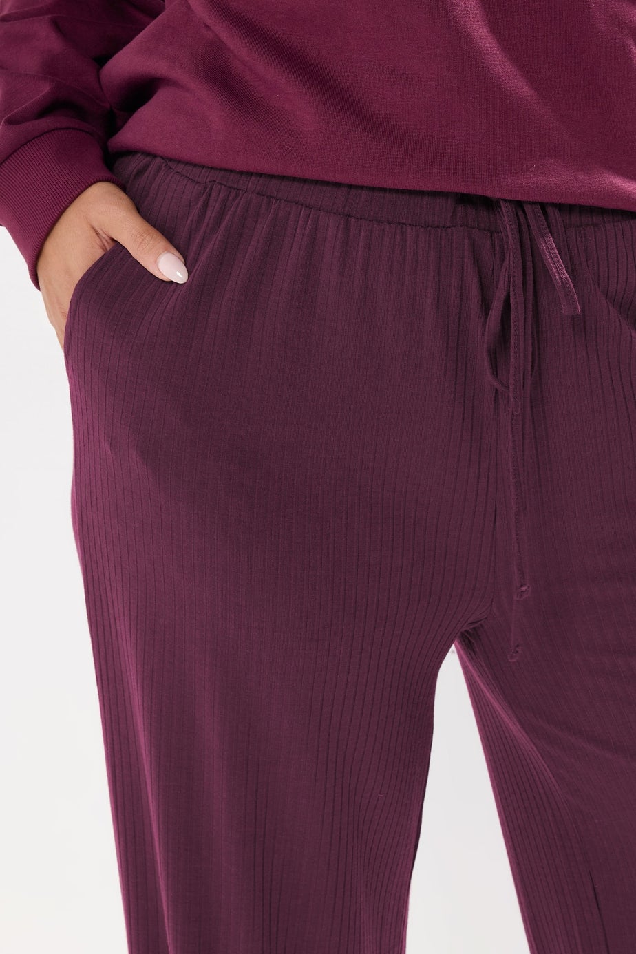 Yours Curve Burgundy Red Ribbed Wide Leg Trousers