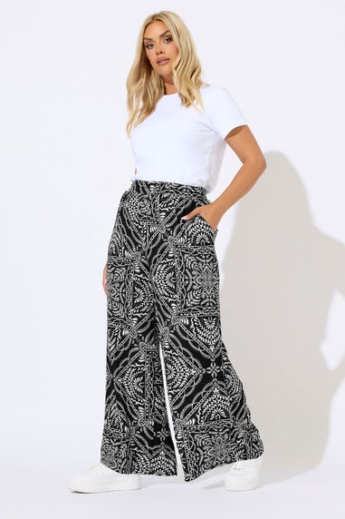 Yours Curve Black Bandana Print Textured Wide Leg Trousers