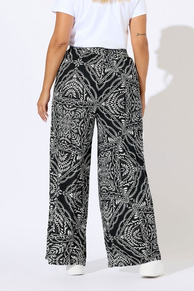 Yours Curve Black Bandana Print Textured Wide Leg Trousers
