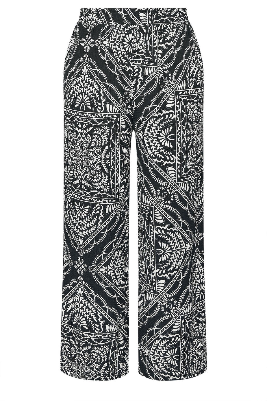 Yours Curve Black Bandana Print Textured Wide Leg Trousers