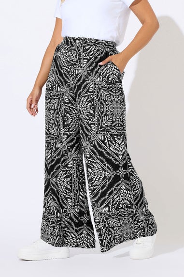 Yours Curve Black Bandana Print Textured Wide Leg Trousers