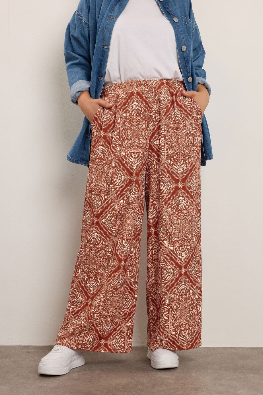 Yours Curve Rust Brown Paisley Crinkle Wide Leg Trousers