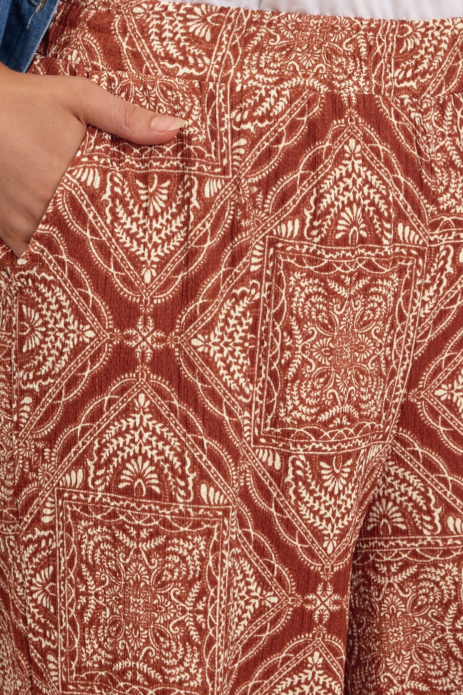 Yours Curve Rust Brown Paisley Crinkle Wide Leg Trousers
