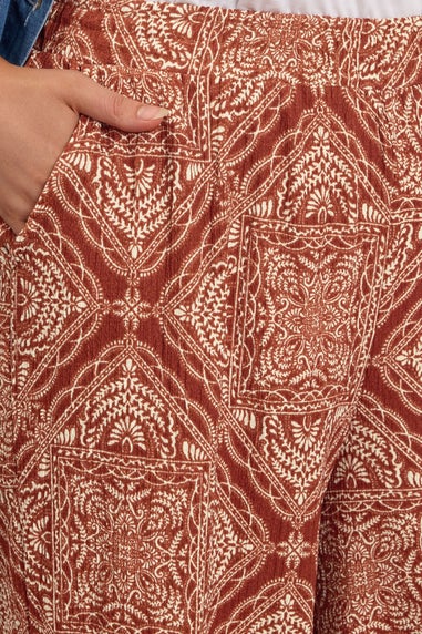 Yours Curve Rust Brown Paisley Crinkle Wide Leg Trousers