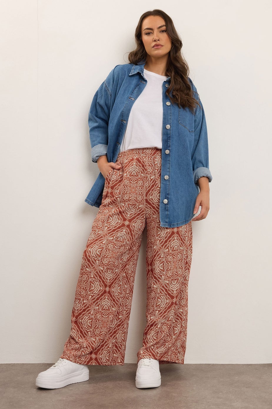 Yours Curve Rust Brown Paisley Crinkle Wide Leg Trousers