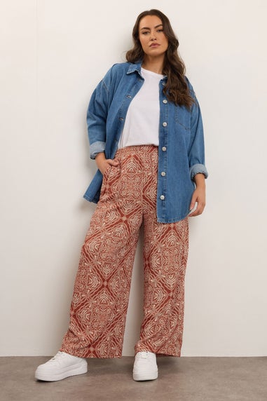Yours Curve Rust Brown Paisley Crinkle Wide Leg Trousers