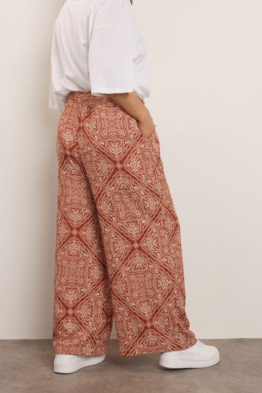 Yours Curve Rust Brown Paisley Crinkle Wide Leg Trousers
