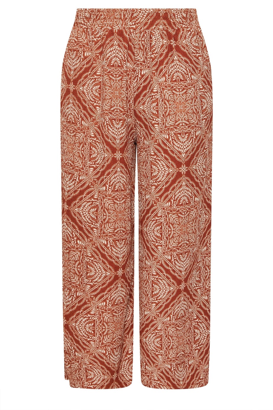 Yours Curve Rust Brown Paisley Crinkle Wide Leg Trousers