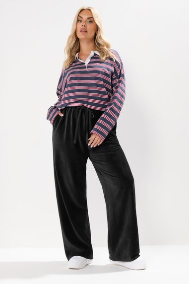 Yours Curve Black Cord Drawstring Wide Leg Trousers