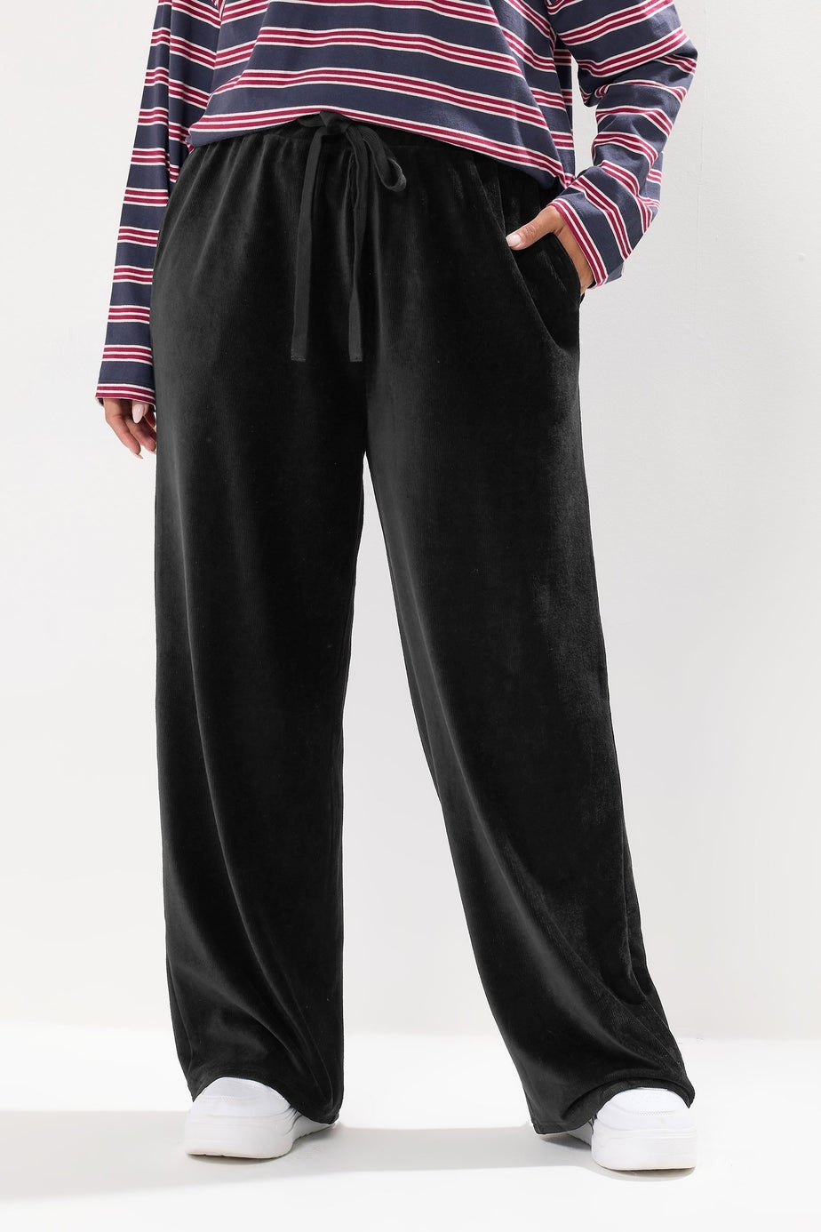 Yours Curve Black Cord Drawstring Wide Leg Trousers