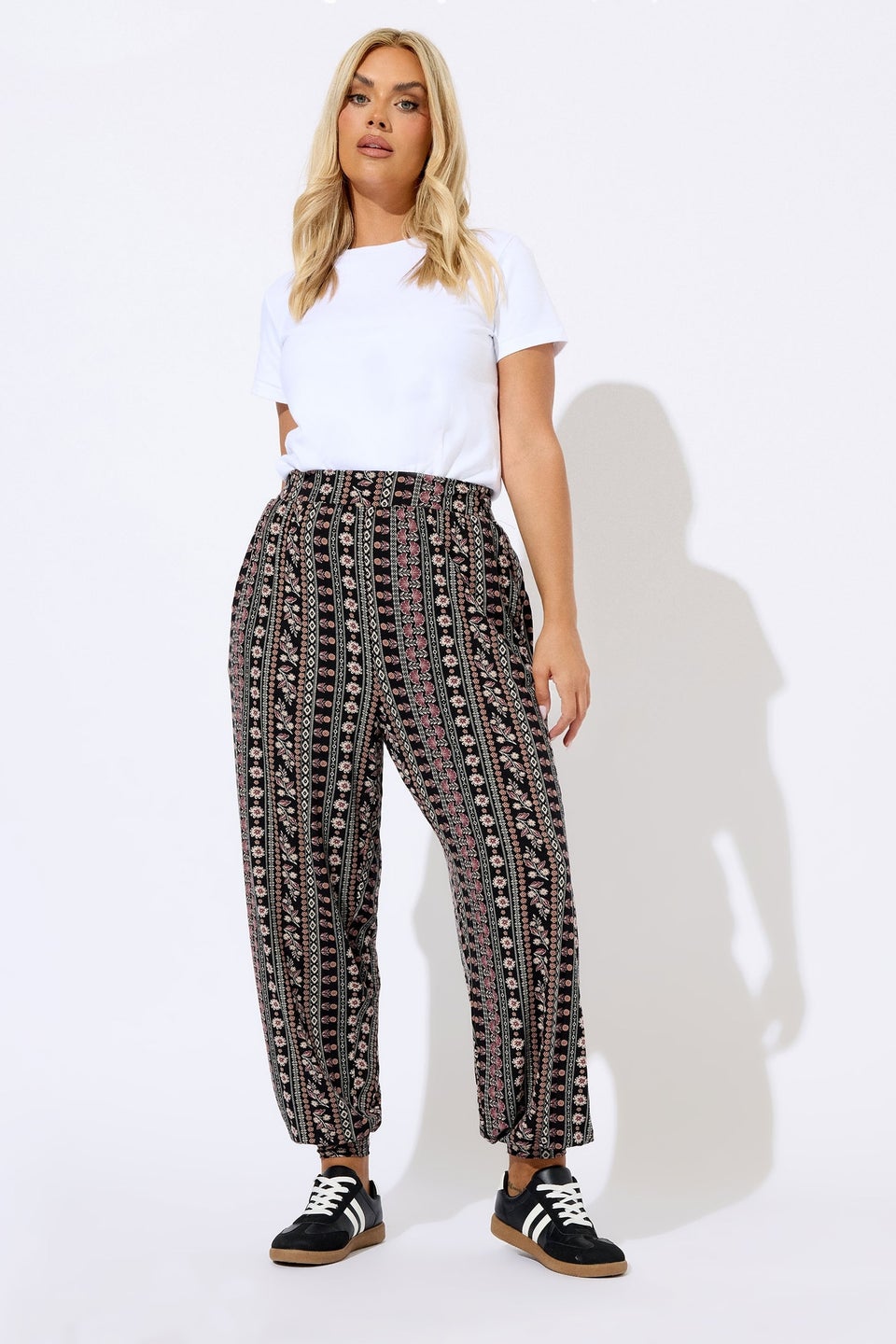 Yours Curve Black Floral Paisley Cuffed Harem Trousers