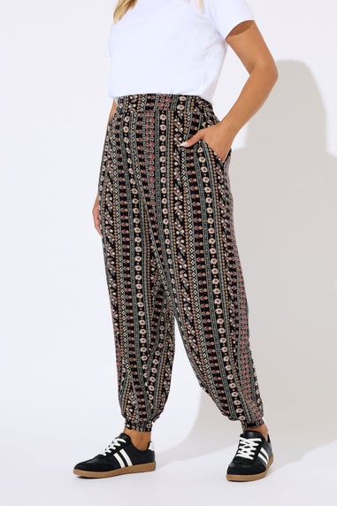 Yours Curve Black Floral Paisley Cuffed Harem Trousers