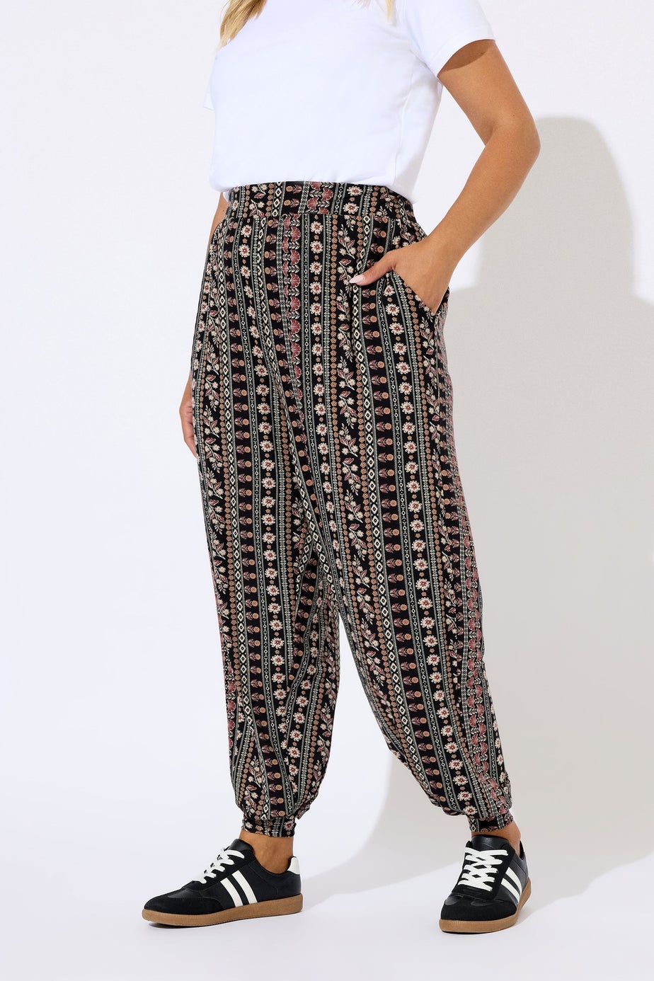 Yours Curve Black Floral Paisley Cuffed Harem Trousers